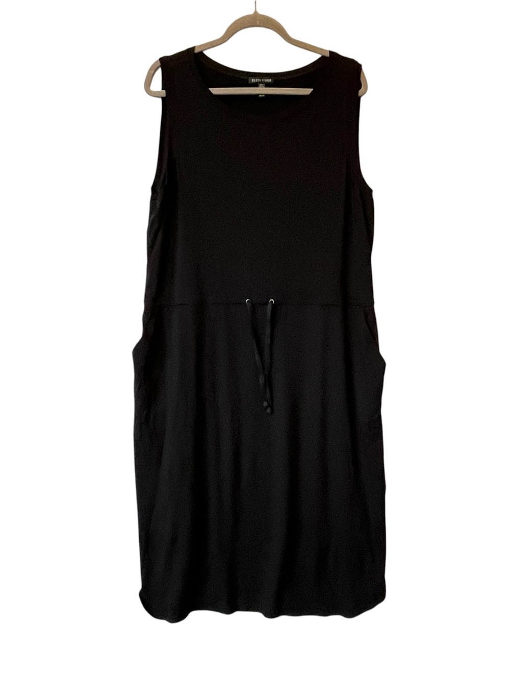 Eileen Fisher midi dress XL Black Sleeveless Drawstring waist Pockets Womens